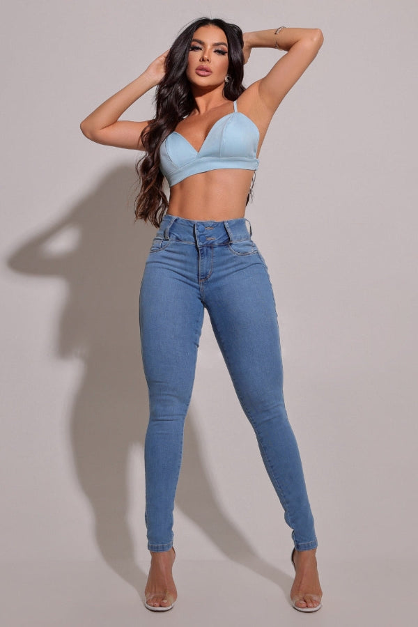 Calça jeans modeladora lipo e empina bumbum clara skinny