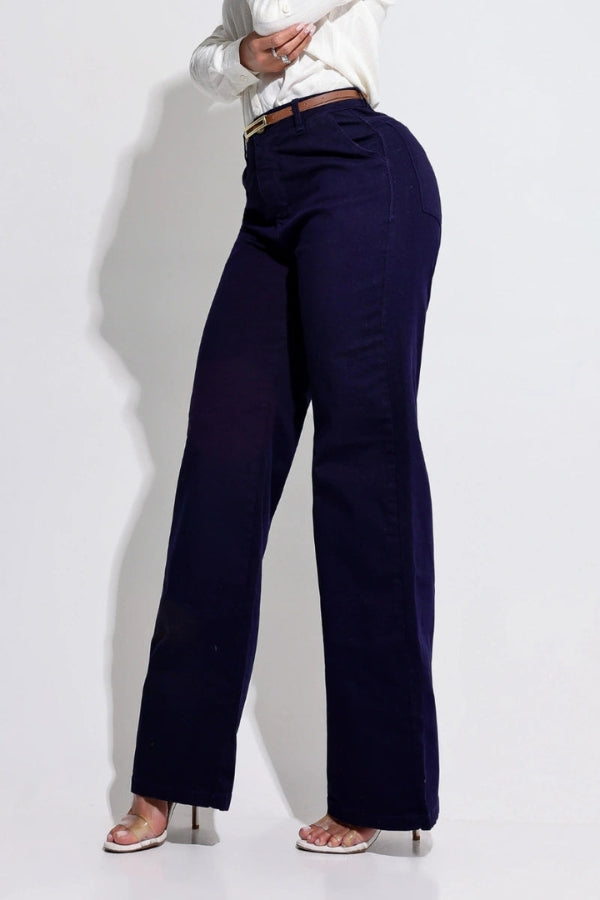 Calça Wide Leg com Cinto Azul Magnífica
