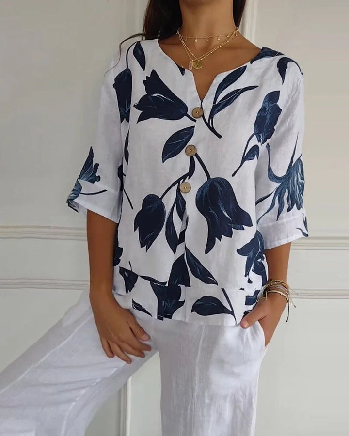 Blusa Feminina de Algodão e Linho com Decote em V