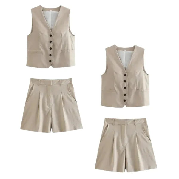 Conjunto Feminino em Alfaiataria - Colete e Shorts no Linho (Compre 1 Leve 2)