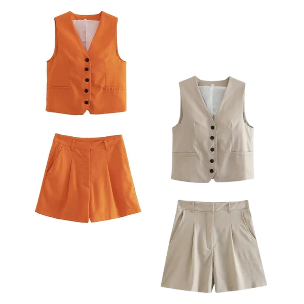 Conjunto Feminino em Alfaiataria - Colete e Shorts no Linho (Compre 1 Leve 2)